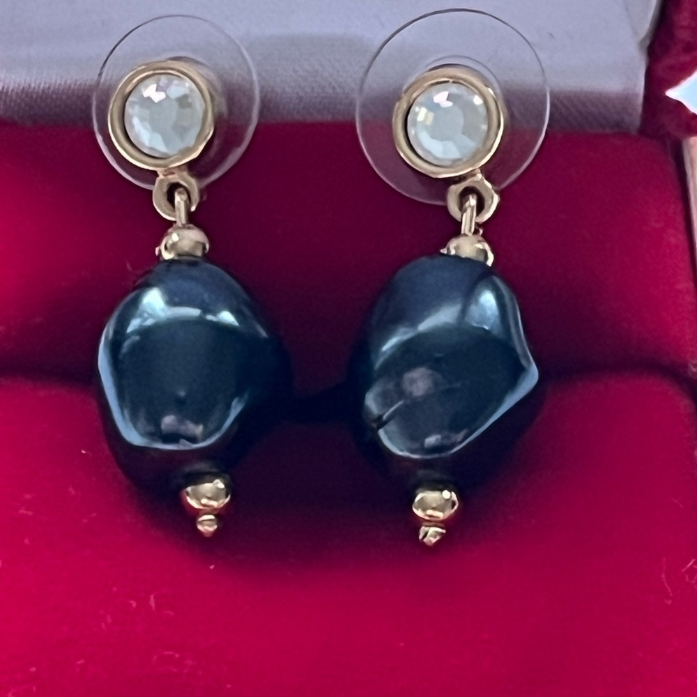 Black Faux Pearl with Crystals Gold Accent Trim Drop Earrings